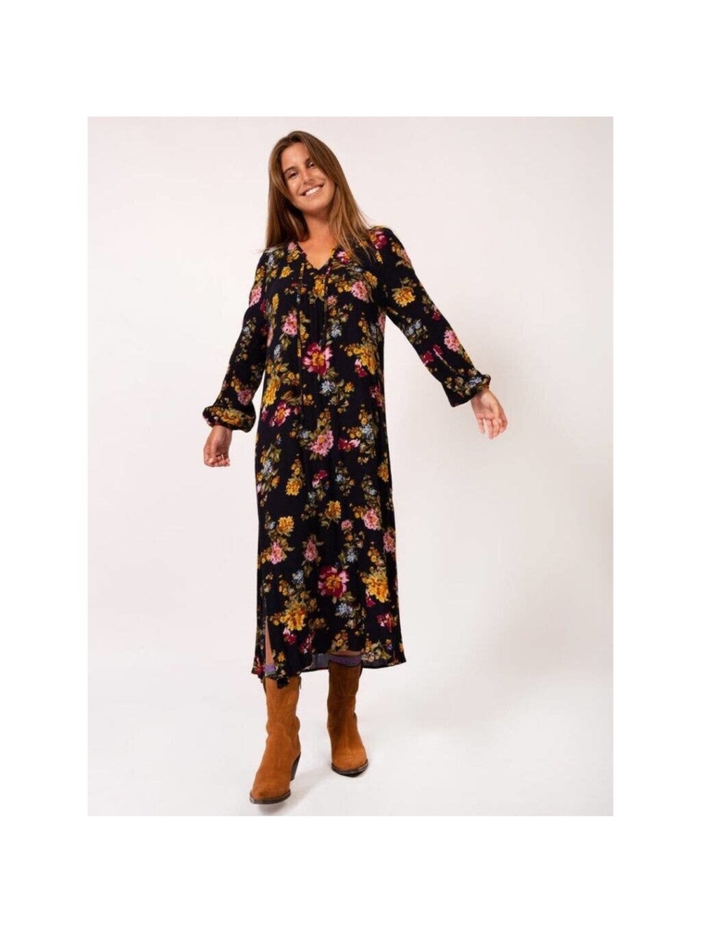 Natural Life Rowan Side Slit Midi Dress Floral Long-sleeve Elastic Cuff gauzy - Picture 2 of 8